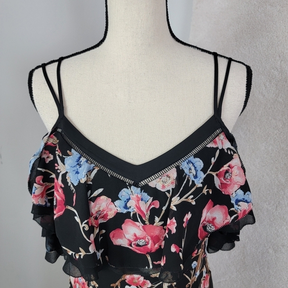 WHBM Black Elegant Boho Floral Embroidered Cold Shoulder Ruffled Maxi Dress Sz 6 - Picture 7 of 16